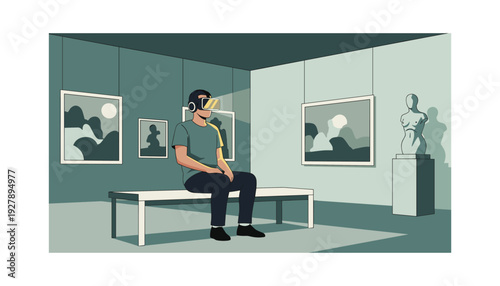 Man wearing VR headset in modern art gallery with sculptures and paintings