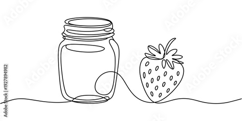 Jam jar and strawberry berry drawing with one continuous line. Linear silhouette, hand drawn in minimalism. Vector editable outline, Jam jar and strawberry berry drawing with one continuous line.