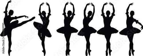 Set of ballerina silhouette dancers performing classical ballet poses showing elegant female dance movements isolated on white background for art, culture, and design projects