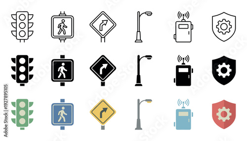 Set of urban traffic and technology icons including a traffic light, pedestrian sign, street lamp, remote, and security shield in line, glyph, and flat color vector styles