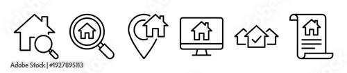 Real estate business and property search icons in a minimalist black line art style showing a magnifying glass, map pin, computer, and document