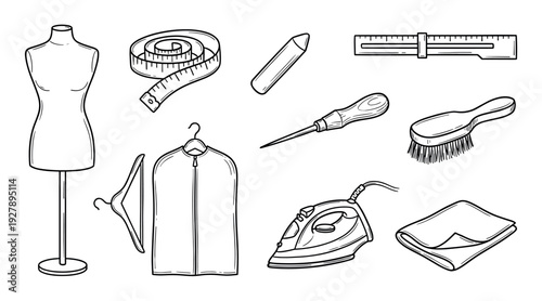 Collection of black and white sewing and tailoring tools including a mannequin, measuring tape, iron, and garment bag in a hand-drawn doodle style illustration set