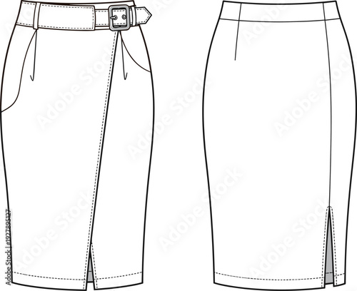 Women's skirt collection including tiered maxi, belted wrap, and column slit styles, cad drawing flat vector illustration for fashion design templates