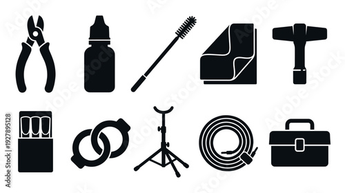 Collection of ten black silhouette icons representing various tools and equipment for different hobbies and professions in a minimalist, clean graphic illustration style