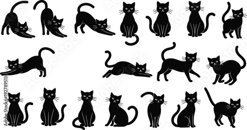 Set of black cat silhouettes in various poses isolated on white background, cute feline characters collection for Halloween design, logo, sticker and decorative illustration