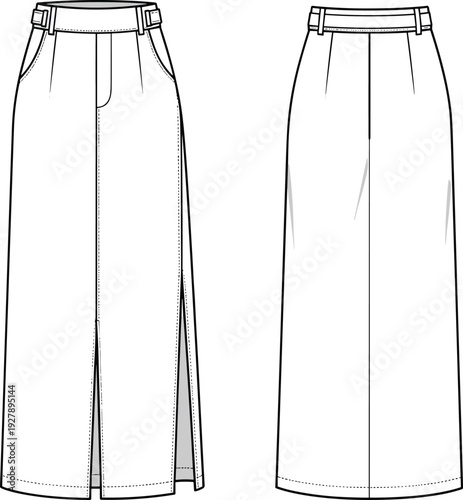 Long tiered maxi skirt and column skirt with side slit technical flat sketch vector illustration, women's apparel cad drawing garment template