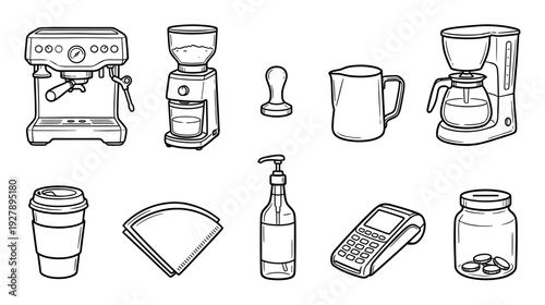 Various black outline drawings of essential coffee shop equipment and cafe accessories, presented in a clean, illustrative, and modern graphic style