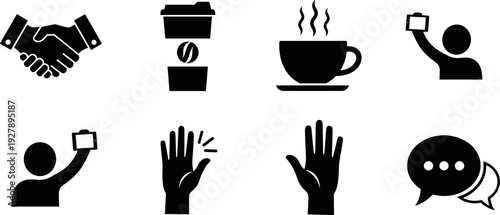 Collection of eight simple black icons representing common actions and objects on a white background