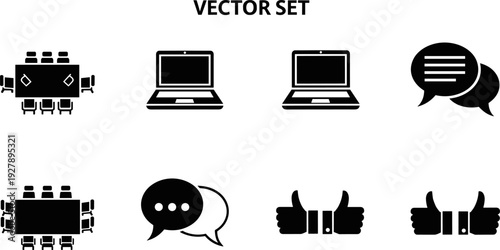 Collection of vector icons representing business meetings, laptops, communication, and approval