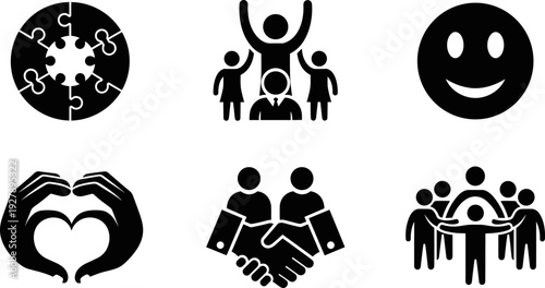 Collection of six diverse icons representing teamwork, happiness, and unity in black and white