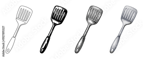 Set of four black and white kitchen spatula illustrations rendered in diverse artistic techniques like simple outline, solid ink, detailed engraving, and stippling dotwork