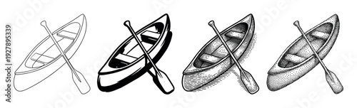 Set of four canoe illustrations with paddles, showcasing various artistic styles like line art, silhouette, classic engraving, and detailed stippling for a retro look