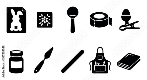 Collection of black glyph icons representing arts and crafts supplies for a creative hobby, featuring stencils, paint, an apron, tape, a palette knife, and an egg holder