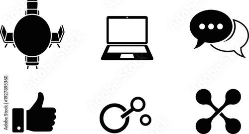 Collection of six modern black icons representing business and communication concepts