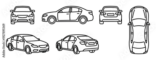 Generic sedan car illustration set with six black outline drawings showing multiple angles like front, side, rear, top, and isometric views in a simple, minimalist style
