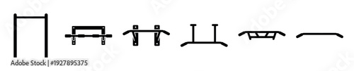 Set of black silhouette pull-up bar icons showing various designs for home and gym workouts, including wall-mounted and freestanding models for strength training and calisthenics