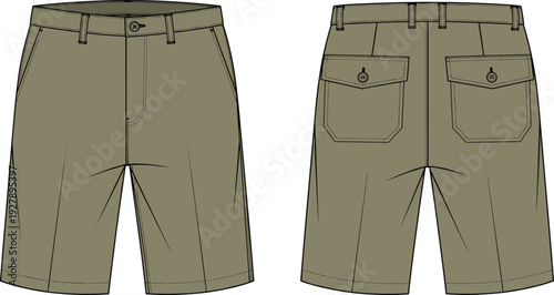 Men casual olive green cargo shorts with button back pockets and belt loops fashion technical sketch cad drawing flat vector illustration
