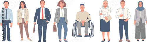 Diverse business people characters set, office workers team including wheelchair user, professional staff avatars, flat vector illustration collection