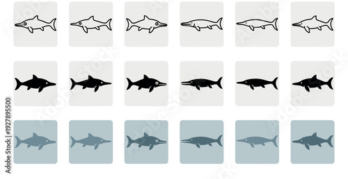 Collection of prehistoric Ichthyosaur icons arranged in a grid, showcasing various designs in three distinct styles: simple line art, black solid silhouette, and flat blue symbols