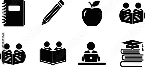 Collection of education and learning icons including books, pencil, apple, and graduation cap