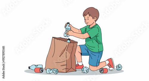 A young boy kneeling while putting plastic bottles into a brown paper bag on a white background with a few scattered bottles around him.