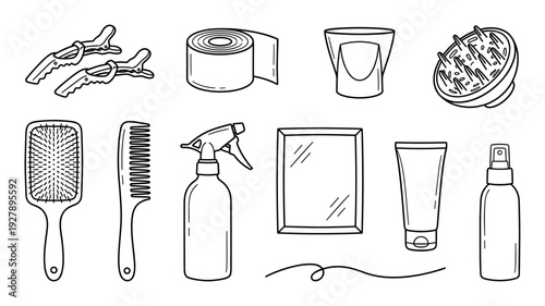 Hand-drawn collection of professional hairstyling tools and beauty products in a simple black and white line art style, including a comb, brush, clips, and spray bottles