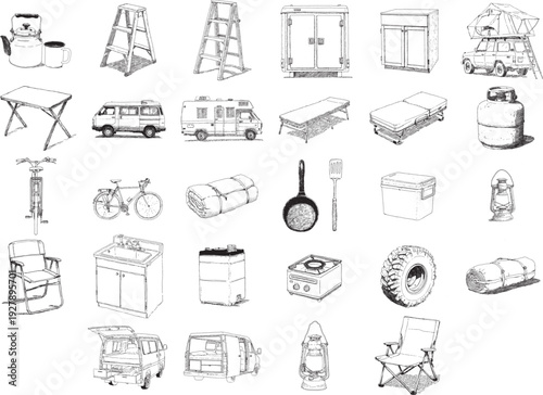 Hand Drawn Camping Vanlife Equipment and Outdoor Gear Set
