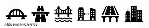 Collection of six minimalist black glyphs depicting city architecture and transportation elements like bridges, roads, skyscrapers, and viaducts for graphic design