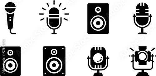 Collection of audio and performance icons including microphones, speakers, and a spotlight