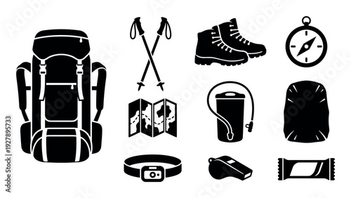 Black silhouette icon set of hiking and camping equipment featuring a backpack, boots, compass, map, and trekking poles for outdoor adventure and tourism concepts