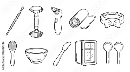 Set of black and white skincare tools for a daily beauty routine, featuring a facial roller, ice globes, a mini fridge, and a mixing bowl in a clean doodle illustration style