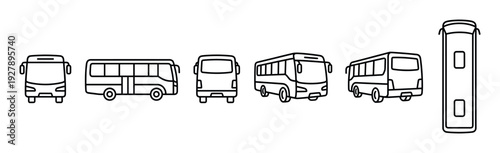 Set of black line art bus icons showing different public transport vehicles from various angles like front, side, top, and isometric perspective in a minimalist vector style