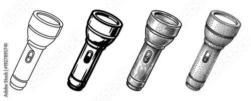 Four black and white illustrated flashlights showing different artistic styles from simple line art and bold graphics to detailed engraving and stippling techniques
