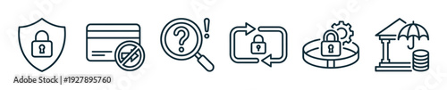 Financial security and data protection line icons with a shield, blocked card, risk investigation, password reset, secure settings, and bank insurance for UI design