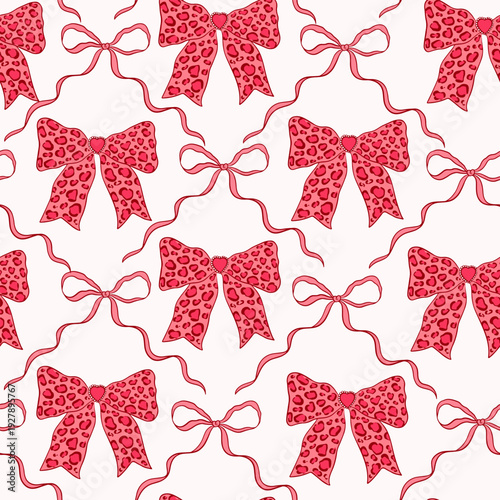 Coquette trellis seamless pattern with leopard bows. Whimsical vintage print with aesthetic elegant girly ribbons. Girly background for Valentine's day, wedding, birthday, wrapping paper. Vector print