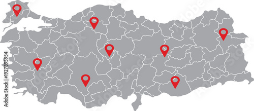 Turkey map with red location pins vector for geographic data 