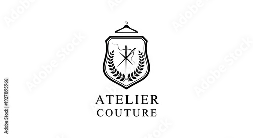 Atelier Couture Fashion Tailoring Logo with Shield, Hanger, Needle, and Laurel Wreath