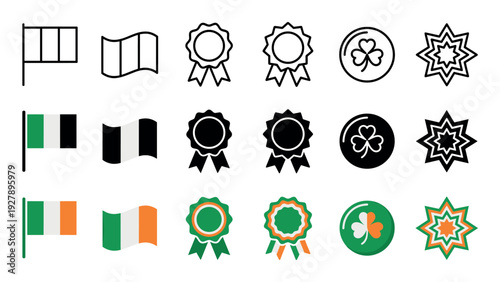 Large set of patriotic icons featuring tricolor flags, award rosettes, three-leaf clovers, and stars, presented in line art, solid glyph, and colorful flat design variations