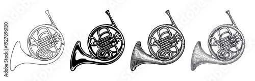 Set of four French horn illustrations showing different graphic styles including simple line art, a solid silhouette, a detailed engraving, and a stippled pointillism effect