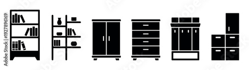 Set of black furniture icons showing a bookshelf, shelving unit, wardrobe, chest of drawers, and cabinets in a minimalist silhouette style for interior design concepts