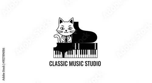 Cartoon Cat in Suit Playing Grand Piano Logo for Classic Music Studio