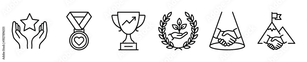 Obraz premium Set of black line icons representing success, achievement, and partnership, including a trophy, medal, star award, handshake, and goal symbols in a minimalist outline style