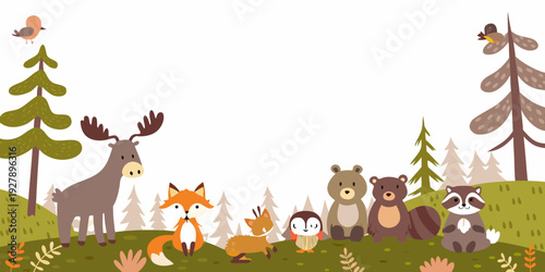 Cartoon forest animals gather on a grassy hill under trees