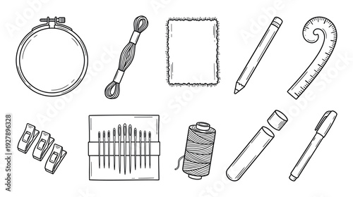 Collection of hand-drawn sewing and craft supplies in a black and white doodle style, featuring an embroidery hoop, floss, needles, thread, clips, and other handicraft tools