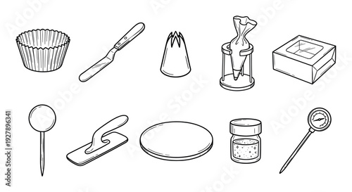 Collection of hand-drawn baking tools for cake decorating and pastry making, including a spatula, piping bag, nozzle, and cupcake liner in a simple black and white doodle style