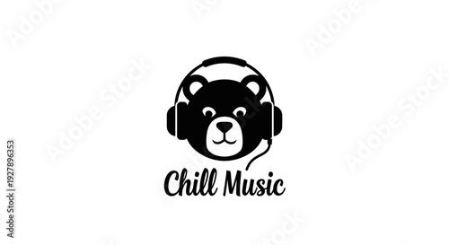 Cute black bear head with headphones listening to chill music logo