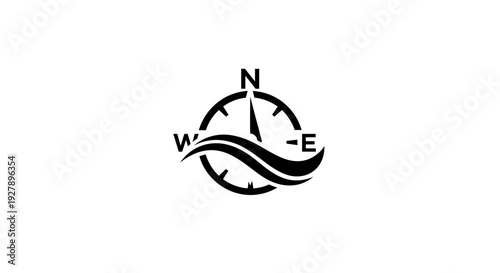 Compass with wave logo design, navigation and travel symbol
