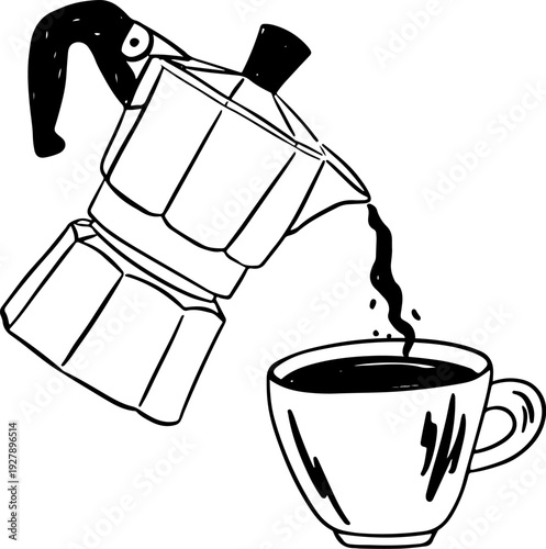 Hand drawn moka pot with cup of coffee. Coffee maker line art style vector illustration. Chalk outline La dolce vita print design with mocha pot in doodle naive ink drawing style. Italian coffee maker