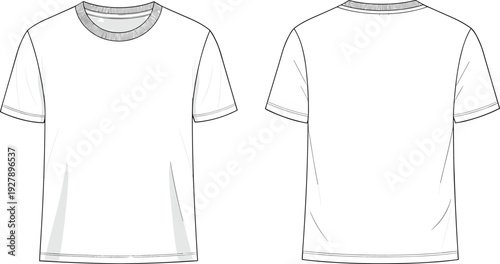 Basic men white short sleeve crew neck t-shirt fashion technical sketch cad drawing flat vector illustration template for apparel design