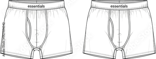 Men comfortable cotton boxer briefs underwear set with elastic essentials waistband fashion technical sketch cad drawing flat vector illustration template